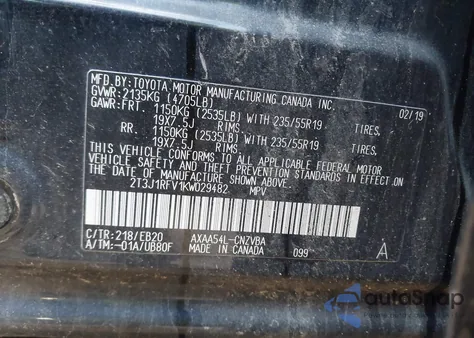 2019 Toyota Rav4 Adventure z USA, uszkodzony, nr VIN 2T3J1RFV1KW029482